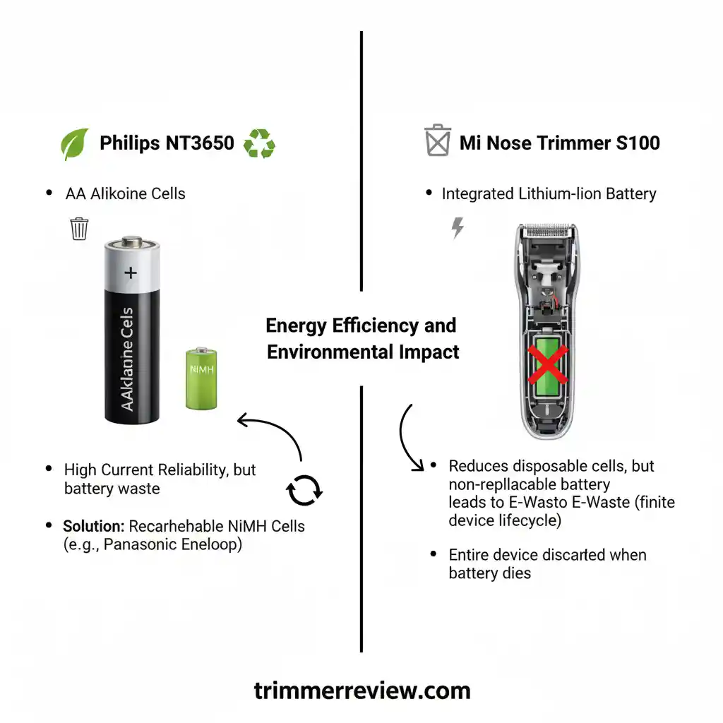 An infographic comparing the battery environmental impact of the Philips NT3650 (using replaceable cells) versus the Mi Nose Trimmer S100 (using a non-replaceable integrated battery).