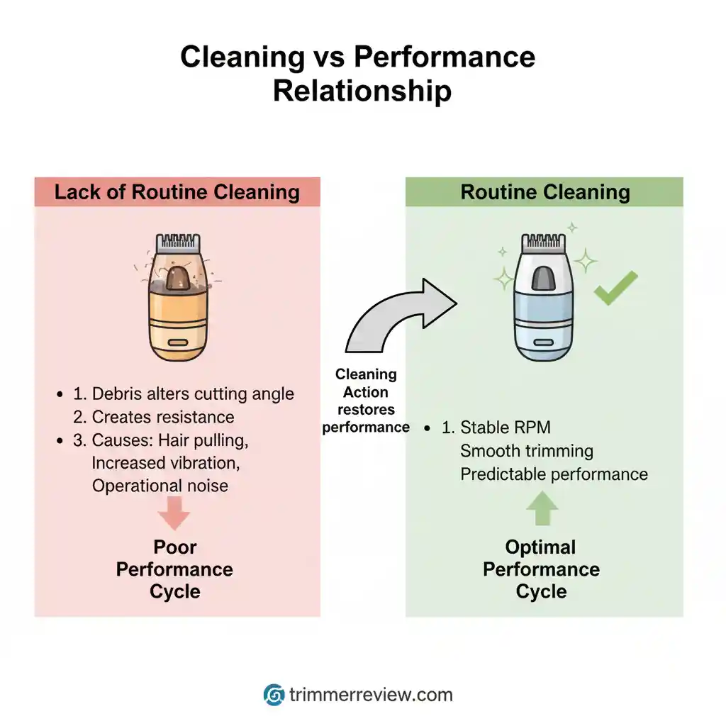 An infographic comparing the poor performance cycle caused by debris buildup against the optimal performance cycle achieved through routine cleaning.