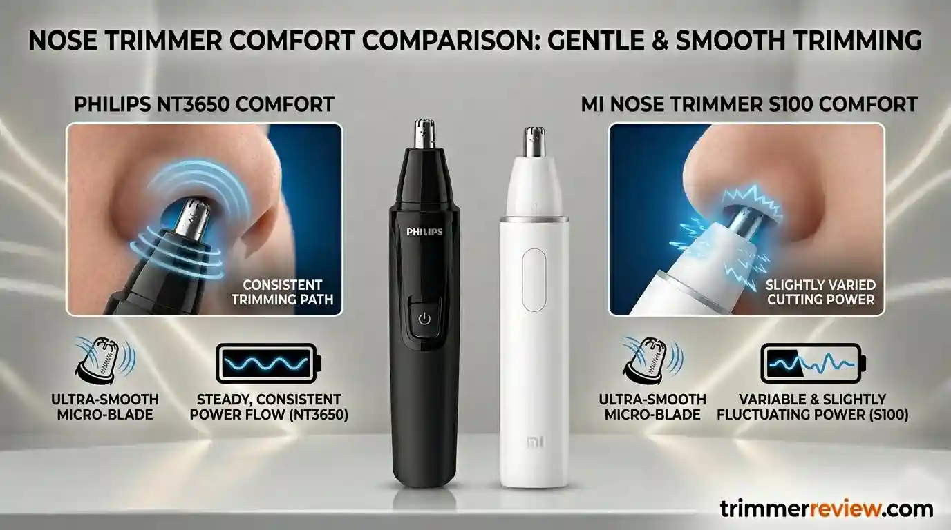 Philips NT3650 vs Mi Nose Trimmer S100 showing gentle, irritation-free nose hair trimming