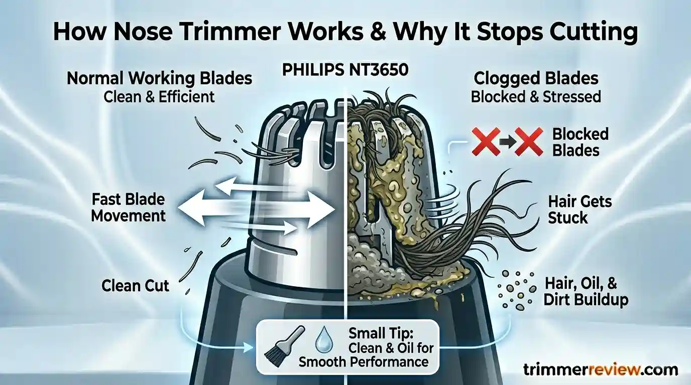 How Philips nose trimmer works showing clean vs clogged blades with hair and dirt affecting blade movement and cutting performance
