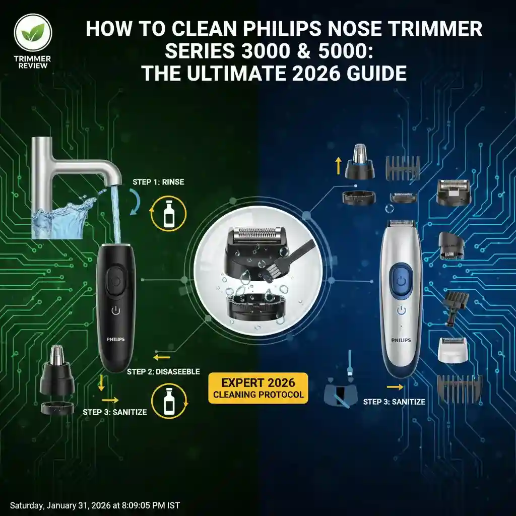 Step-by-step visual protocol on how to clean Philips nose trimmer series 3000 & 5000