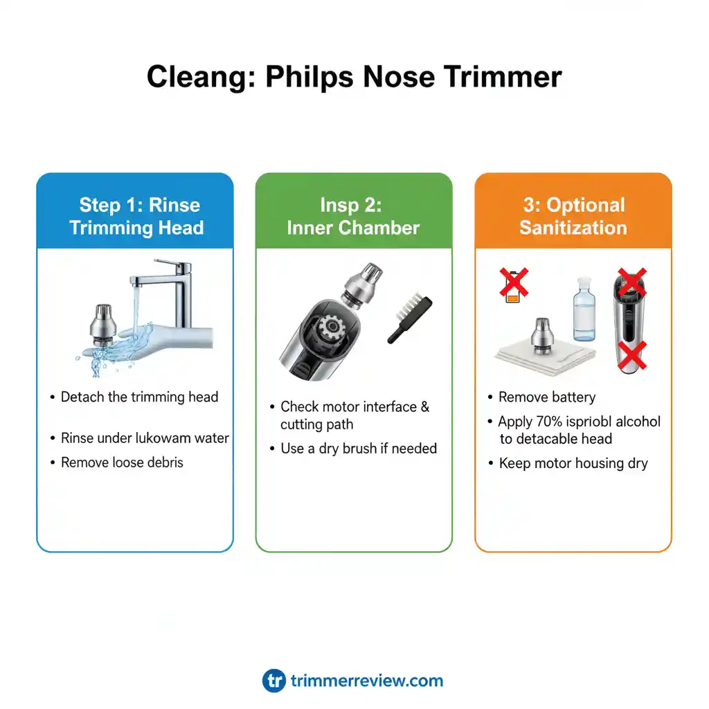 A 3-step instructional graphic showing how to rinse, inspect, and sanitize a Philips nose trimmer, with clear icons and safety instructions.