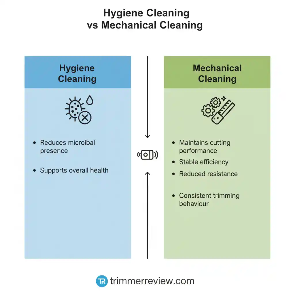 An infographic comparing the two distinct goals of maintenance: hygiene cleaning for microbial reduction and mechanical cleaning for optimal cutting performance.