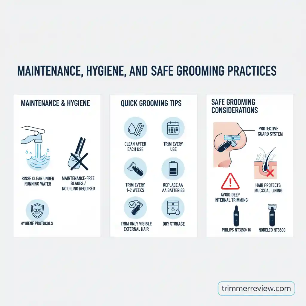 Infographic showing maintenance, hygiene, and safe grooming practices for Philips NT3650/16 and Norelco NT3600 trimmers, including rinse cleaning, quick grooming tips, and safe trimming guidelines.