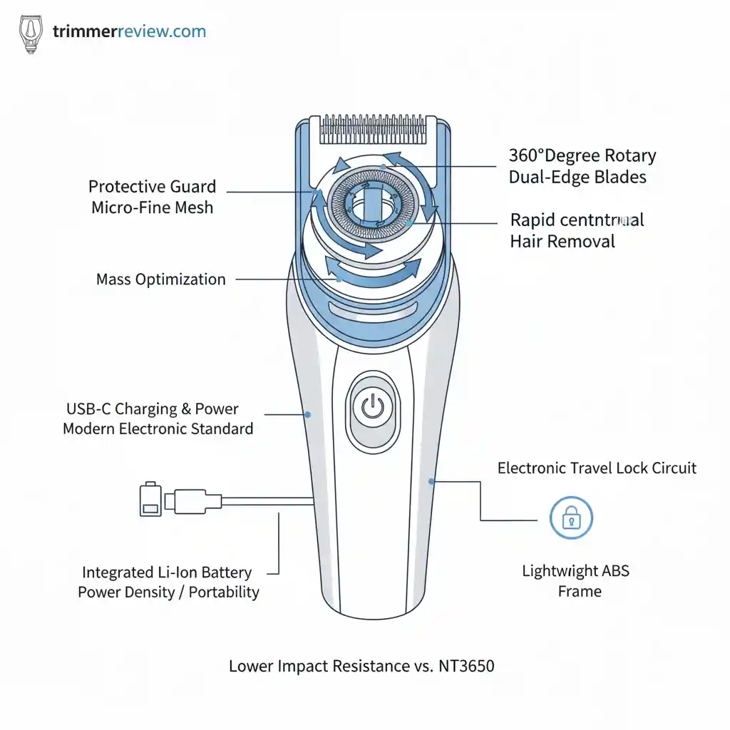 Mi Nose Trimmer S100 technical engineering diagram showing rotary blades, USB-C port, and travel lock circuit.