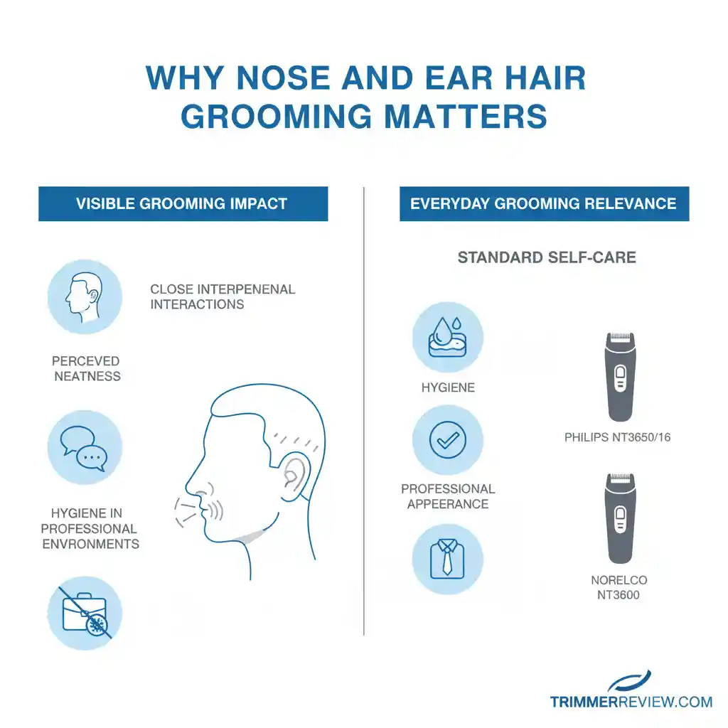 Diagram illustrating why nose and ear hair grooming matters, showing visible grooming impact, everyday grooming relevance, and products Philips NT3650/16 and Norelco NT3600.