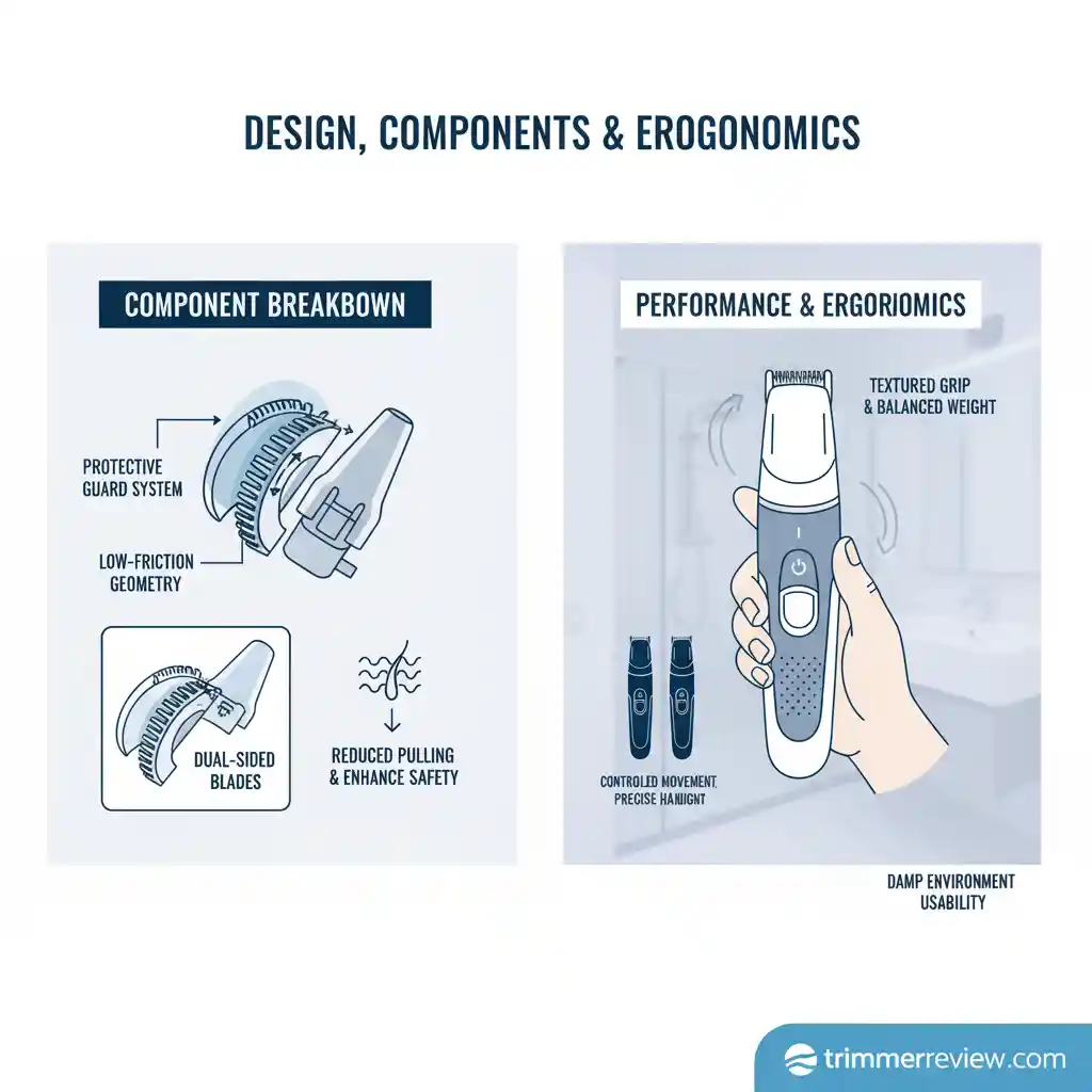 Infographic showing design, components, and ergonomics of Philips NT3650/16 and Norelco NT3600 trimmers, including protective guard systems, dual-sided blades, textured grips, and balanced weight distribution.