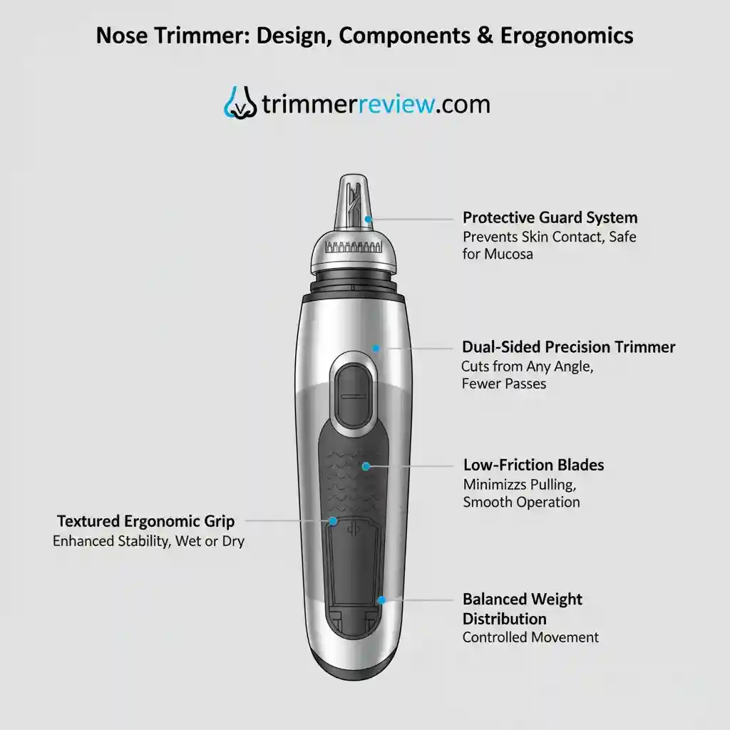 A technical diagram of a modern nose hair trimmer showing the Protective Guard System, dual-sided precision blades, textured ergonomic grip, and balanced weight distribution, labeled with the brand name trimmerreview.com.