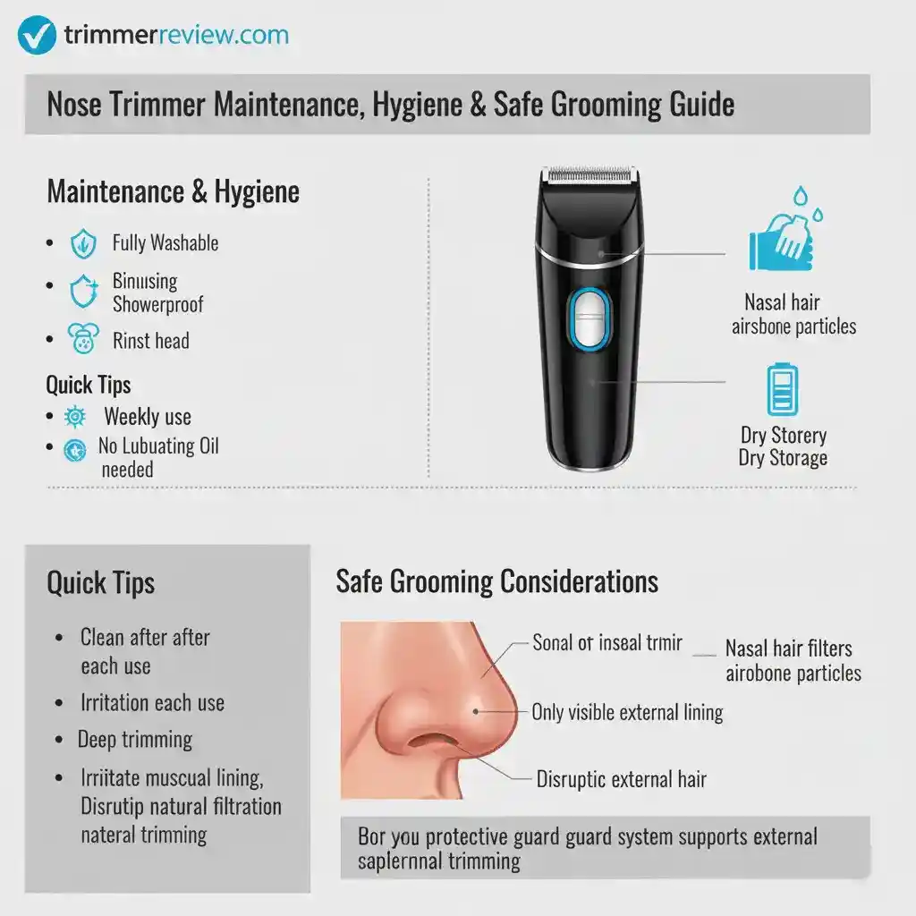 An infographic labeled "trimmerreview.com" explaining nose trimmer maintenance, hygiene, and safe grooming practices, including instructions for washing, battery care, and avoiding deep nasal trimming.
