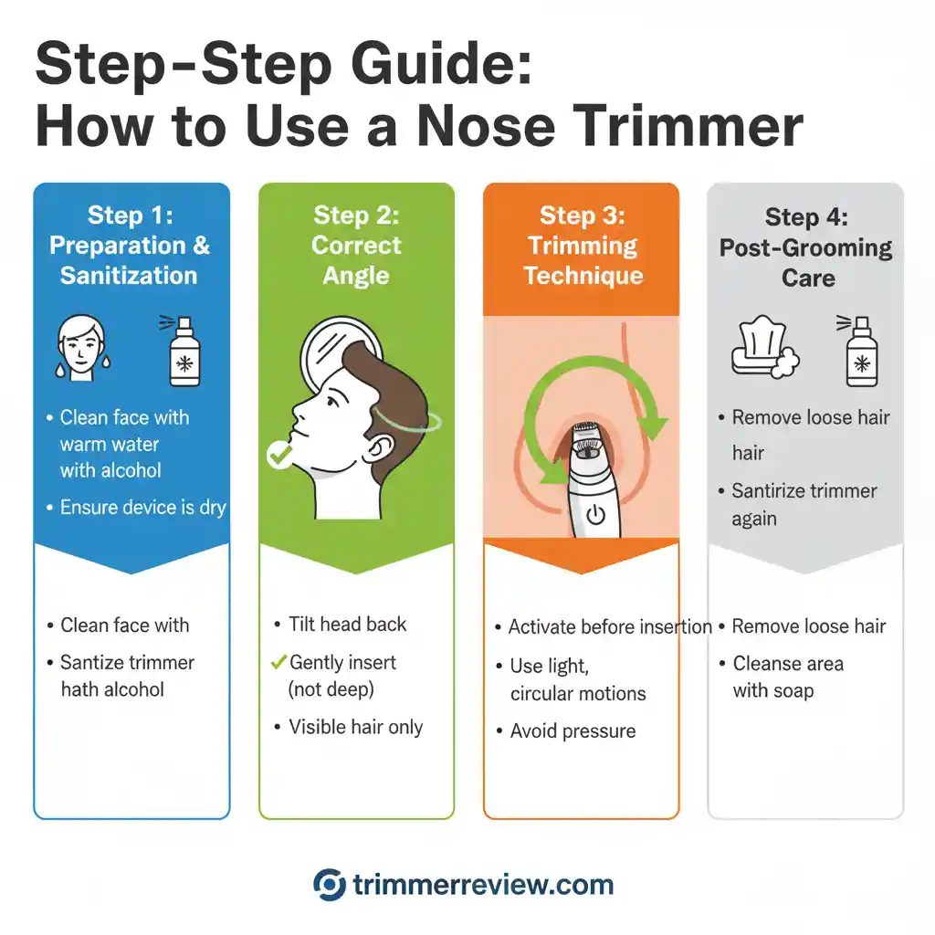 A 4-step instructional infographic detailing how to safely use a nose trimmer, including preparation, positioning, circular trimming technique, and post-grooming care.