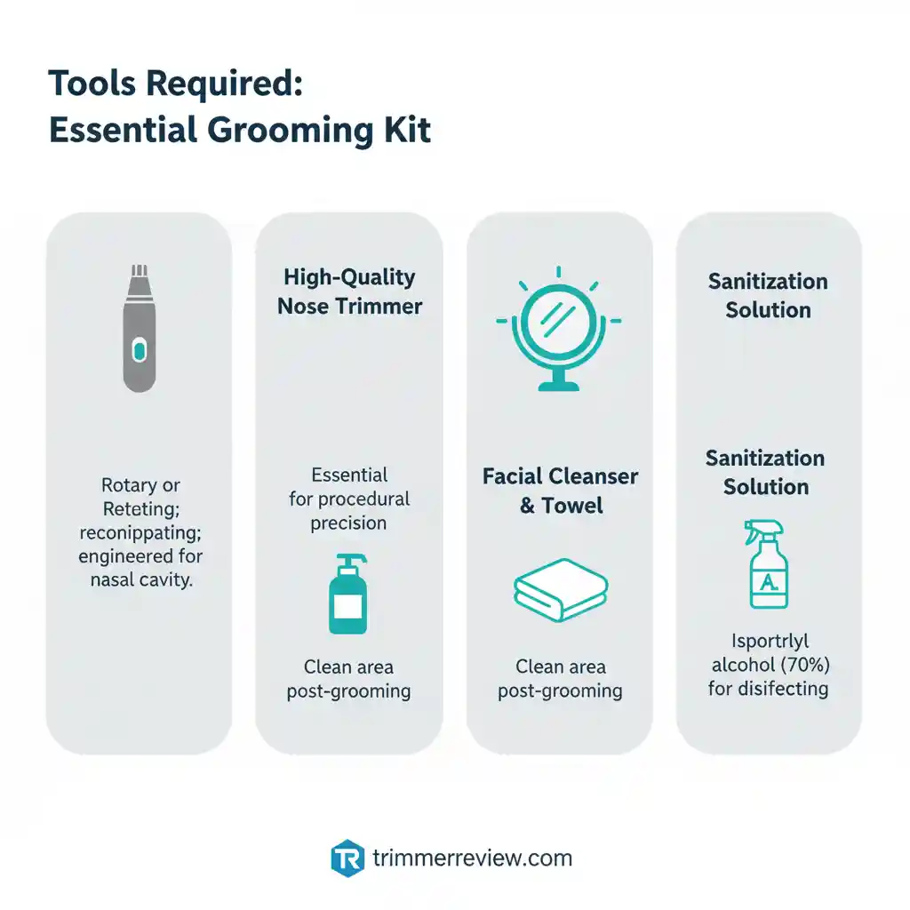 An infographic illustrating the essential tools required for nose trimming, including a nose trimmer, mirror, facial cleanser, and sanitization solution.