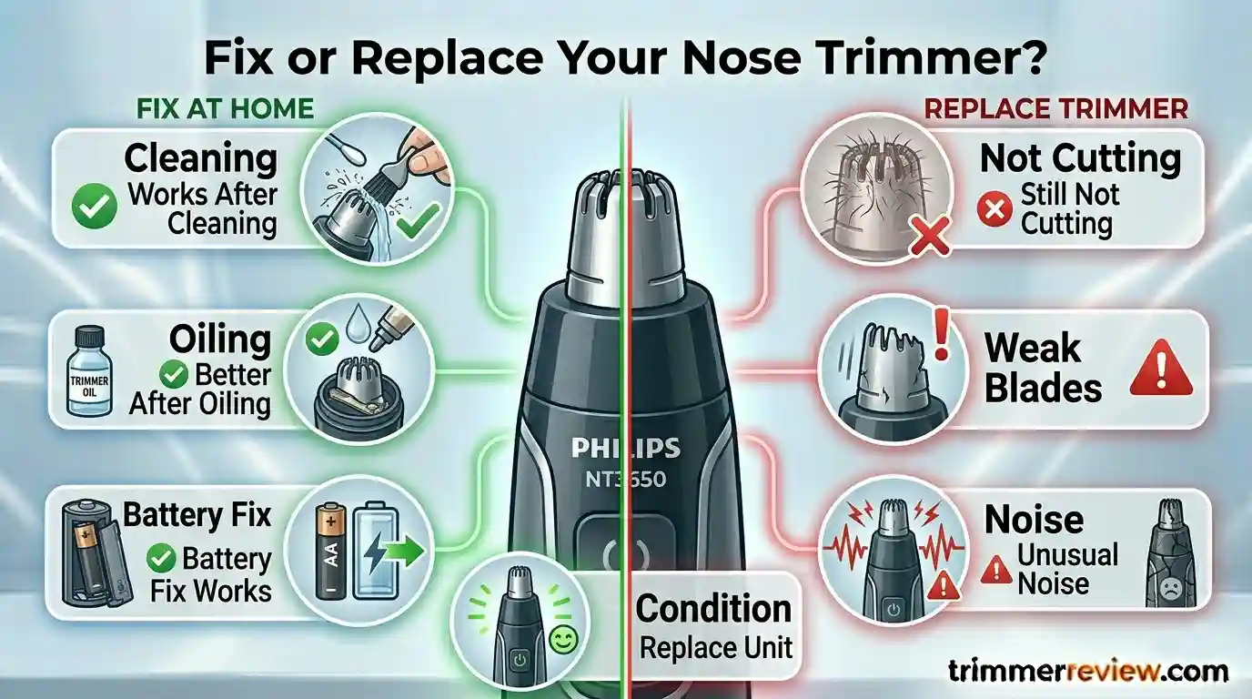 Philips nose trimmer fix or replace guide showing when cleaning, oiling, or battery change works and when replacement is needed