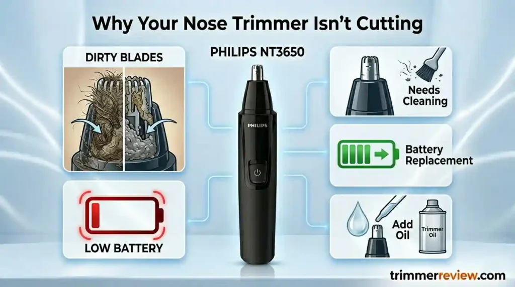 Philips nose trimmer not cutting showing clogged vs clean blades with causes like dirt buildup and low battery and solutions like cleaning and oiling