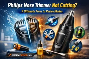 Philips nose trimmer not cutting with clogged vs clean blades and maintenance tools like oil, battery, and cleaning brush