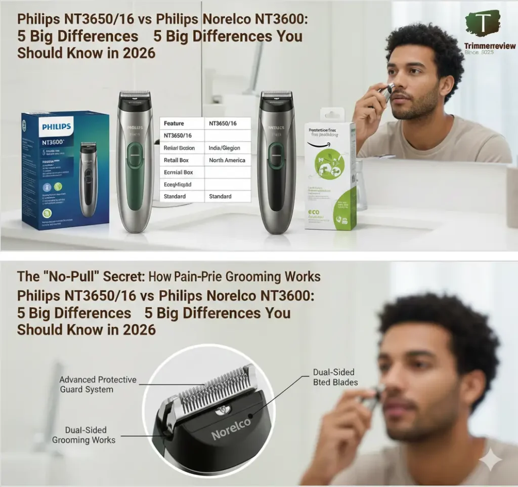 Close-up of Philips dual-sided blades with advanced protective guard system.