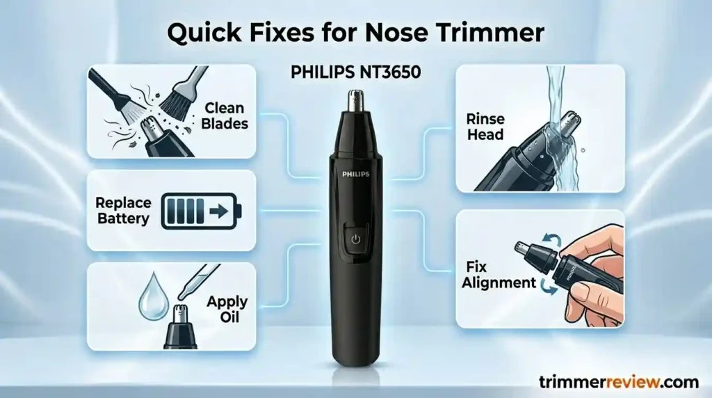 Quick fixes for Philips nose trimmer not cutting showing cleaning blades, battery replacement, oiling, rinsing, and head alignment
