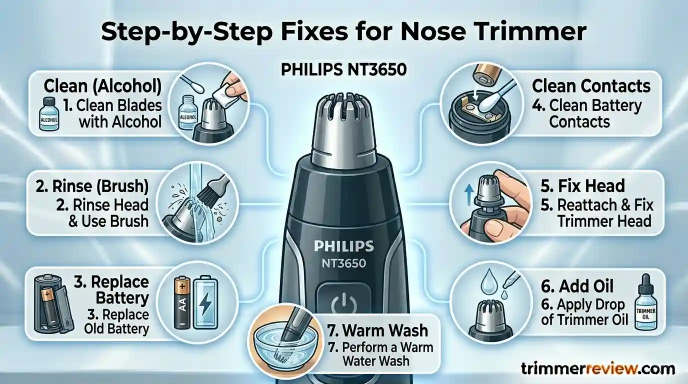 Step by step guide to fix Philips nose trimmer not cutting including cleaning, battery replacement, oiling, and blade alignment