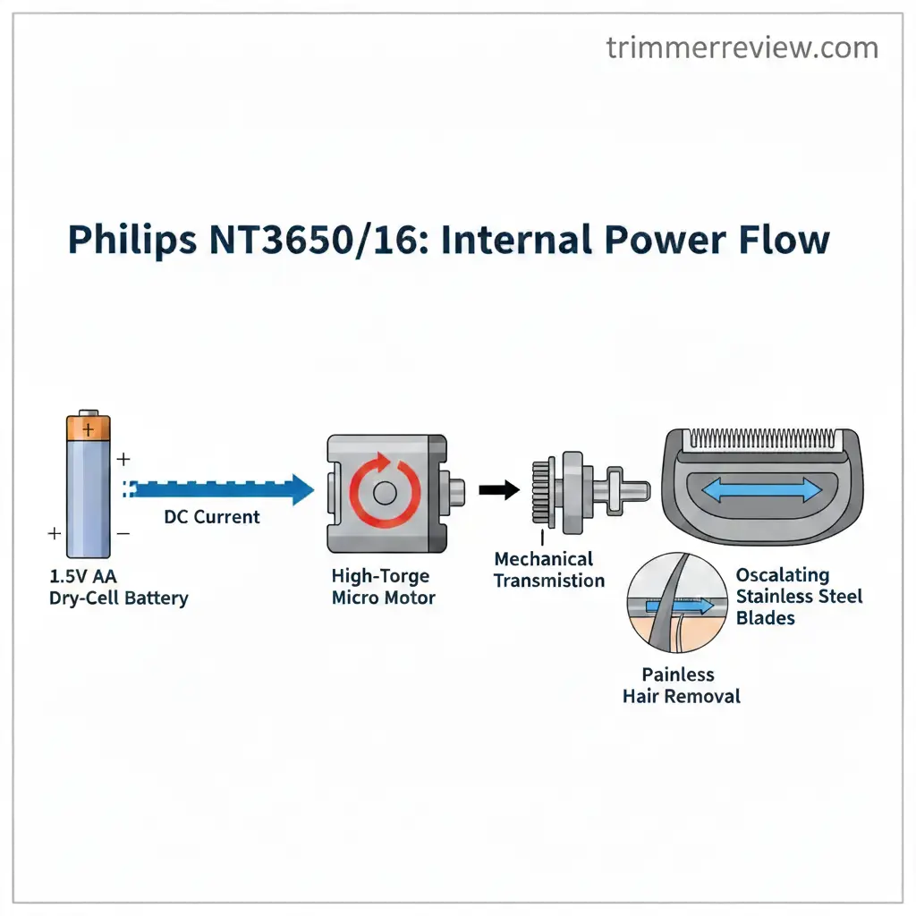 Schematic diagram showing the flow of power from a 1.5V AA battery to the micro motor and oscillating blade assembly in the Philips NT3650/16 trimmer.