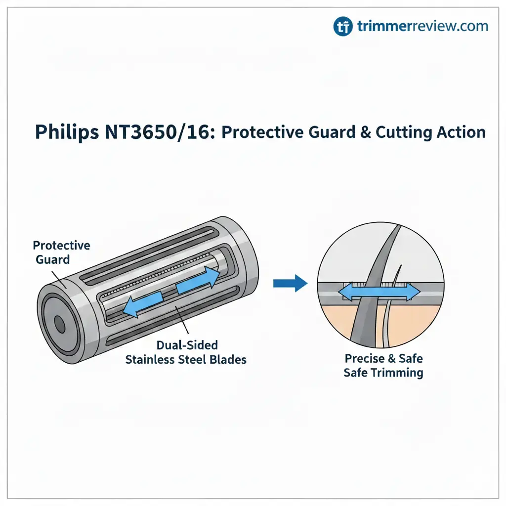 Close-up cross-section diagram showing the protective guard housing the dual-sided stainless steel blades of the Philips nose trimmer to ensure safe hair trimming.