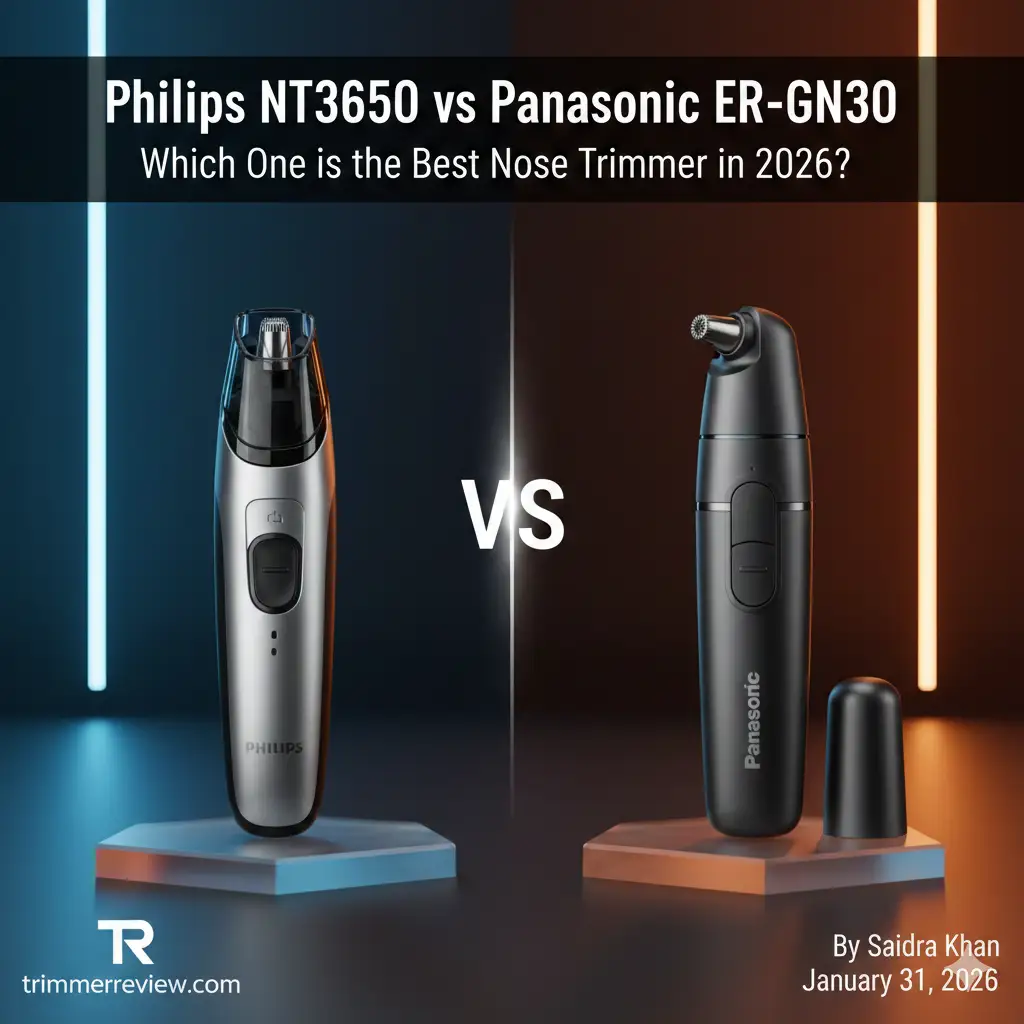 Technical comparison of Philips NT3650 vs Panasonic ER-GN30 nose trimmers in 2026