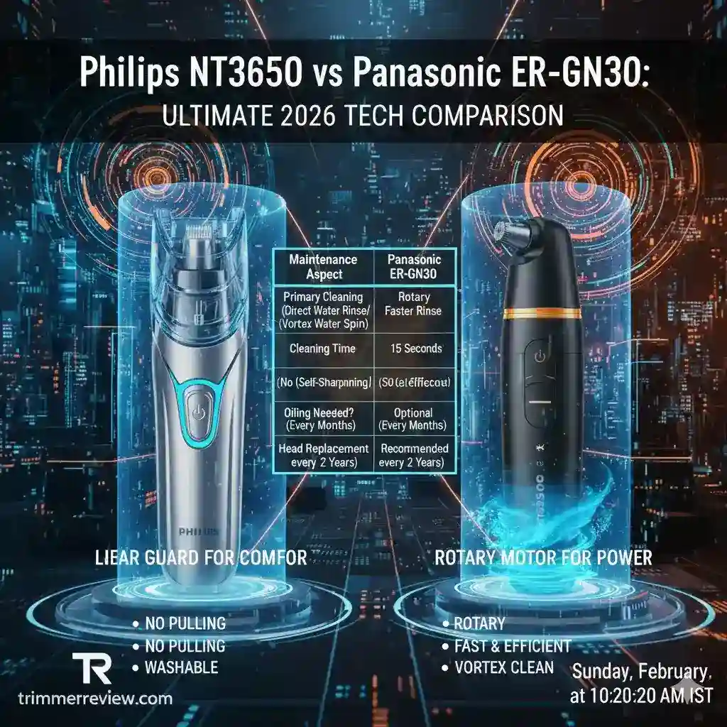 Advanced technical comparison of Philips NT3650 vs Panasonic ER-GN30 showing linear vs rotary blades