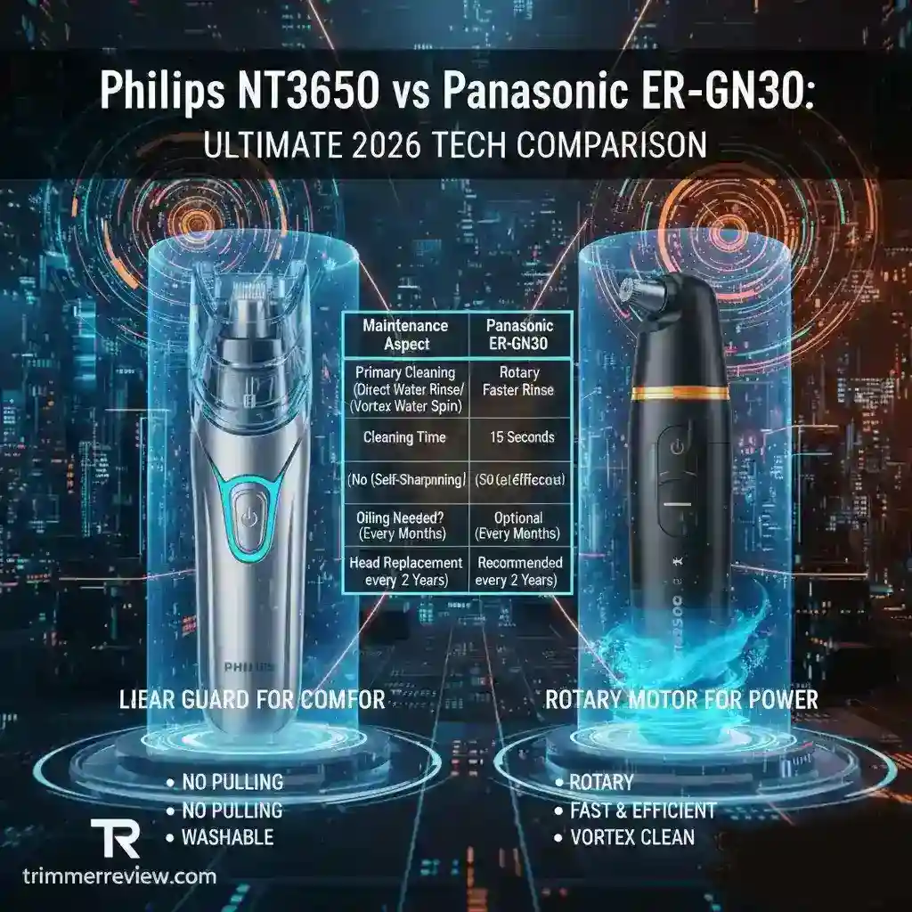 Advanced technical comparison of Philips NT3650 vs Panasonic ER-GN30 showing linear vs rotary blades