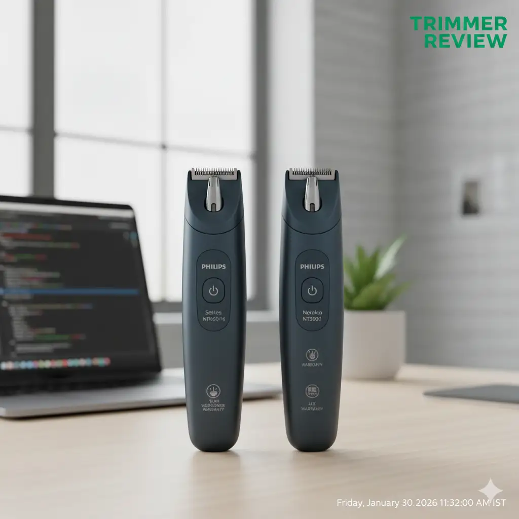 Comparison between Philips NT3650/16 Global and Philips Norelco NT3600 US models for nose and ear trimming.