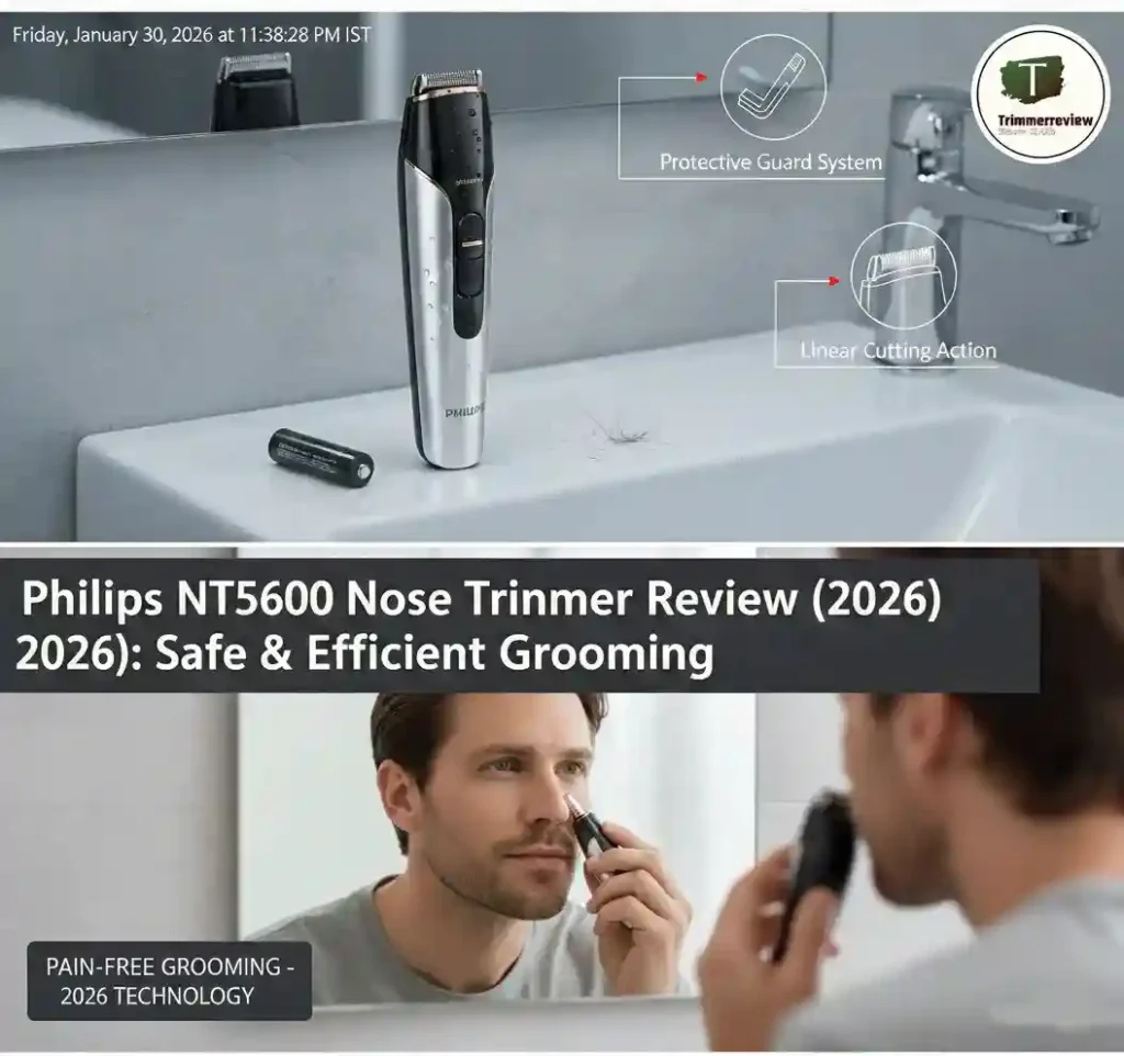 Philips NT5600 Nose Trimmer Review showing protective guard system and linear cutting action.