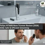 Philips NT5600 Nose Trimmer Review showing protective guard system and linear cutting action.