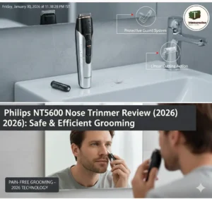 Philips NT5600 Nose Trimmer Review showing protective guard system and linear cutting action.