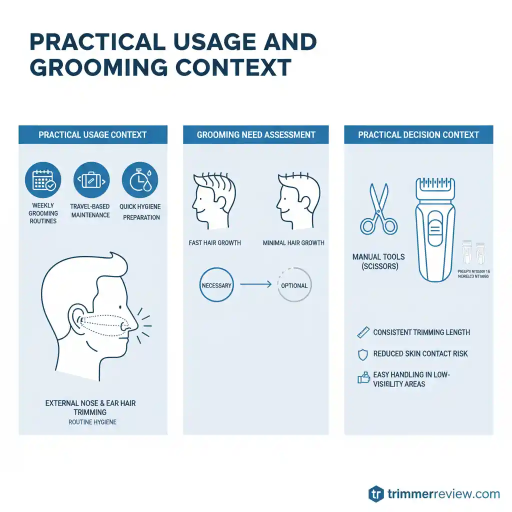 Infographic showing practical usage and grooming context of Philips NT3650/16 and Norelco NT3600 trimmers, including routine trimming scenarios, grooming need assessment, and comparison with manual tools.