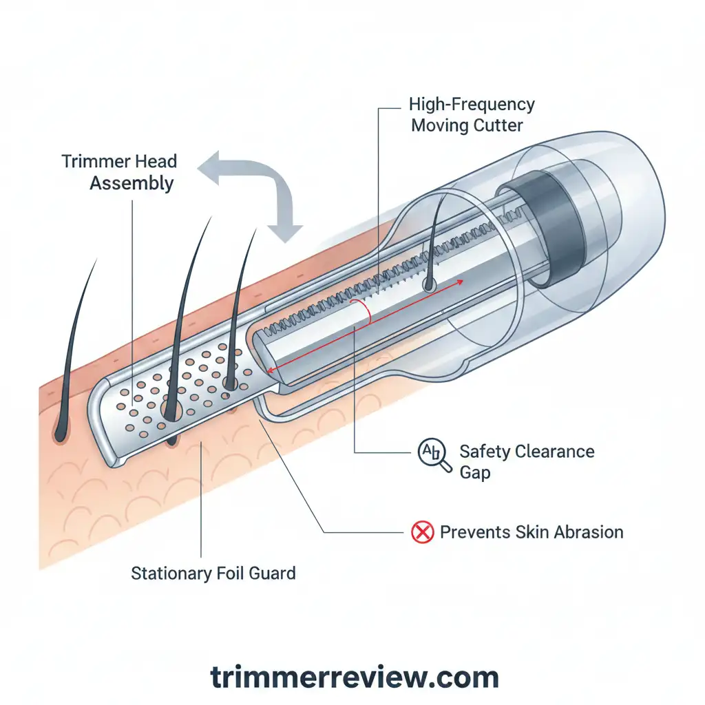Technical cross-section of the Protective Guard System in Philips nose trimmers showing the safety clearance gap between the foil guard and the linear cutter.