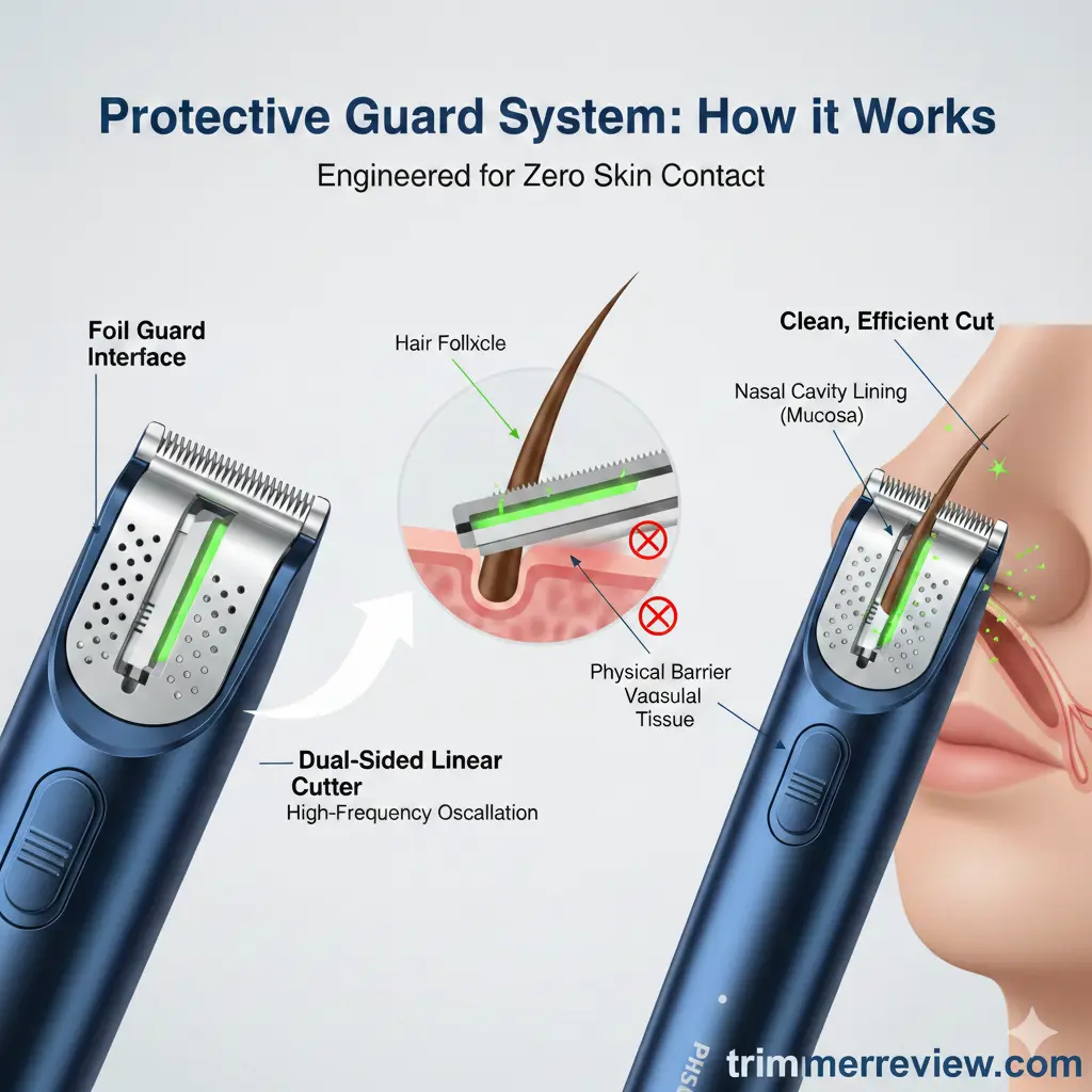 Cross-section view of the Philips Norelco NT5600 Protective Guard System showing linear cutter and skin buffer
