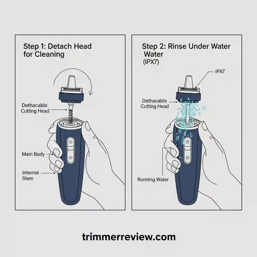 Step-by-step instructional guide for detaching and rinsing Philips Norelco NT5600 cutting head under running water