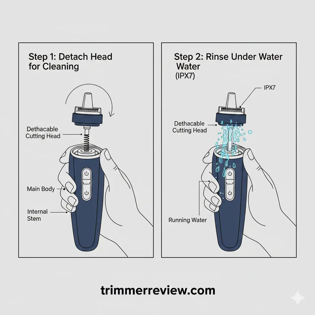 Step-by-step instructional guide for detaching and rinsing Philips Norelco NT5600 cutting head under running water