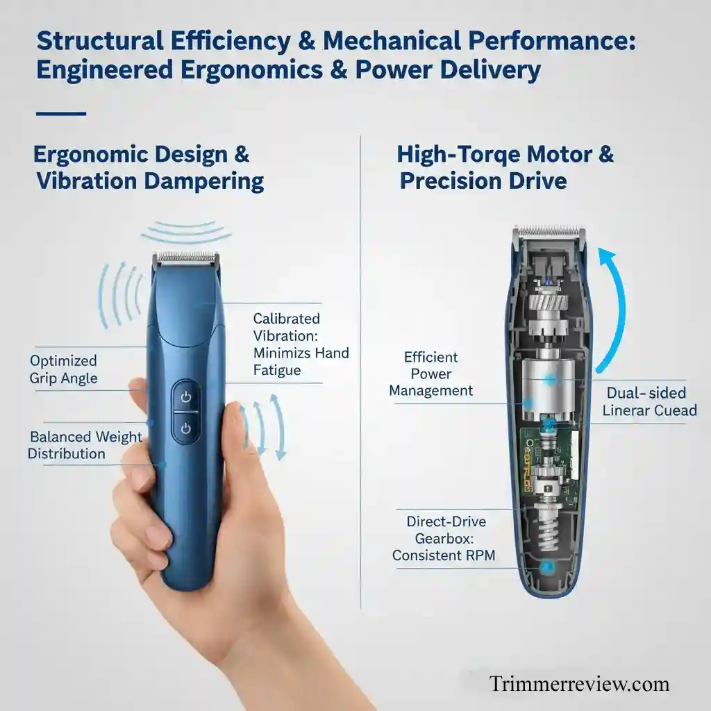 Internal mechanical architecture of Philips Norelco NT5600 showing high-torque motor, drive gearbox, and ergonomic vibration dampening
