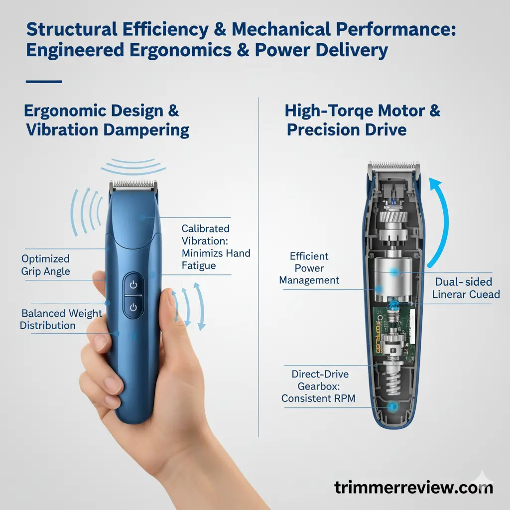 Internal mechanical architecture of Philips Norelco NT5600 showing high-torque motor, drive gearbox, and ergonomic vibration dampening