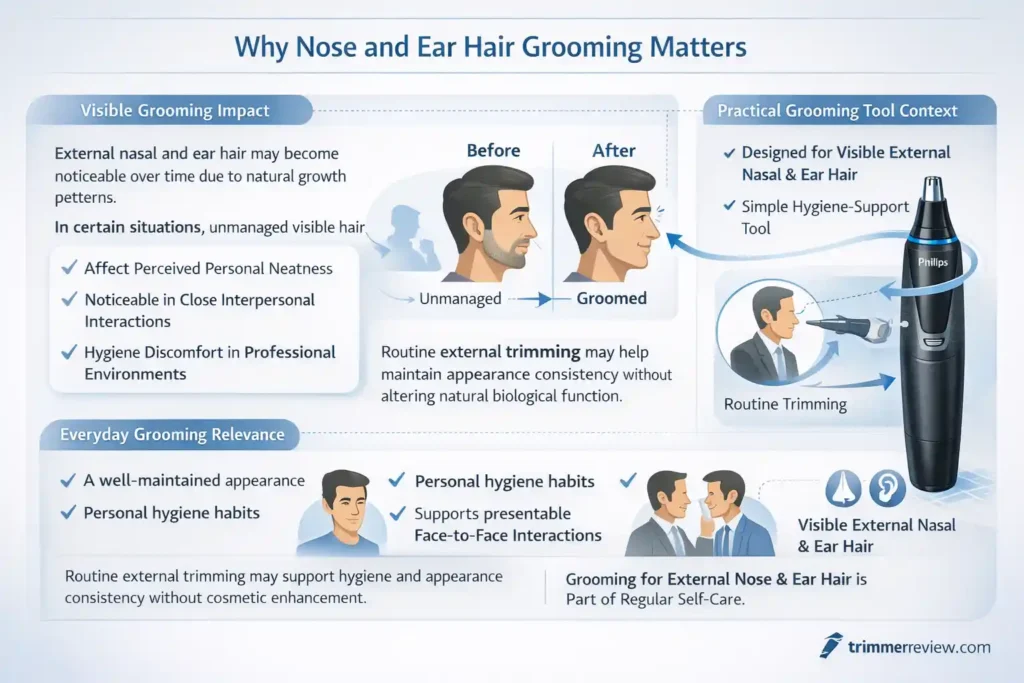 Why nose and ear hair grooming matters infographic showing visible grooming impact, everyday grooming relevance, and routine trimming with a nose trimmer.