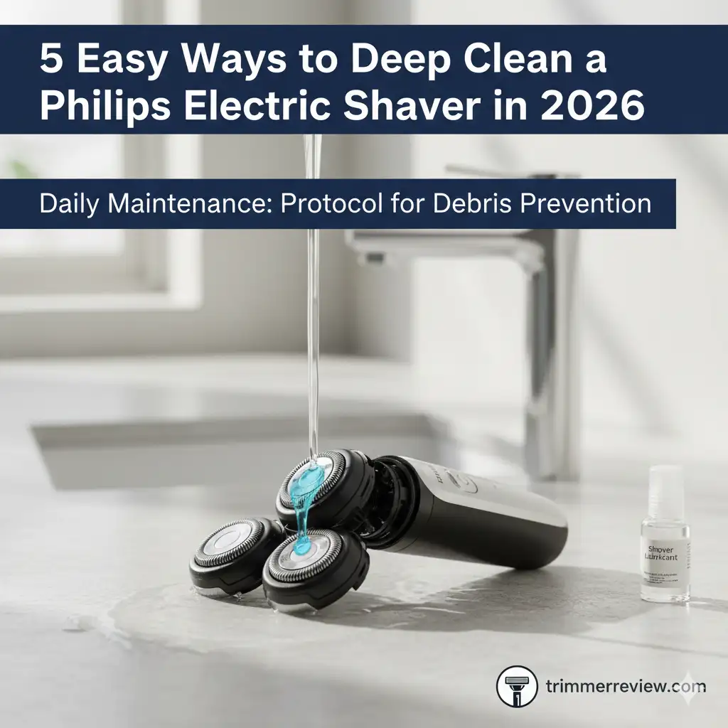 Daily maintenance protocol for debris prevention on a Philips electric shaver using water rinse.