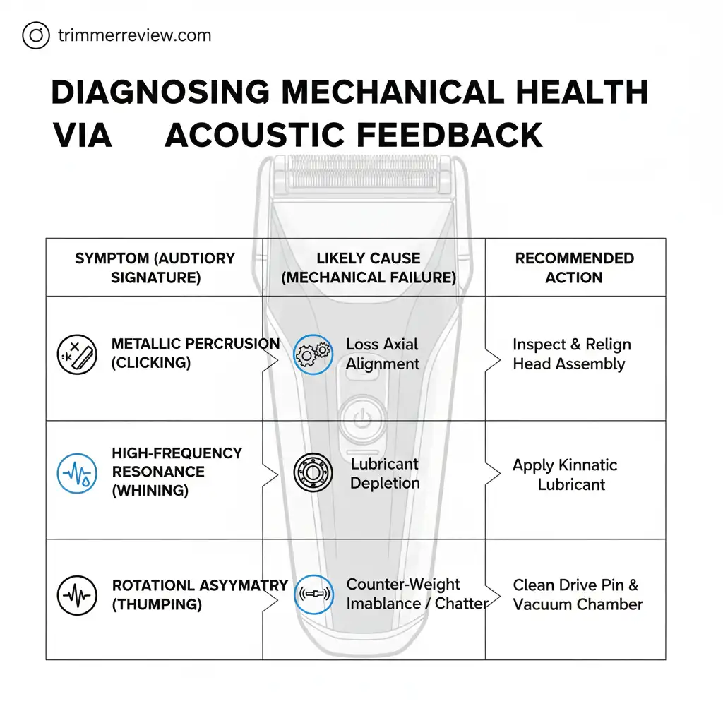 Acoustic diagnostic table showing symptoms, mechanical causes, and maintenance actions for electric shaver failures.