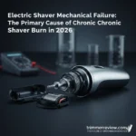 Technical diagnosis of electric shaver mechanical failure showing internal drive shaft and motor assembly for trimmerreview.com