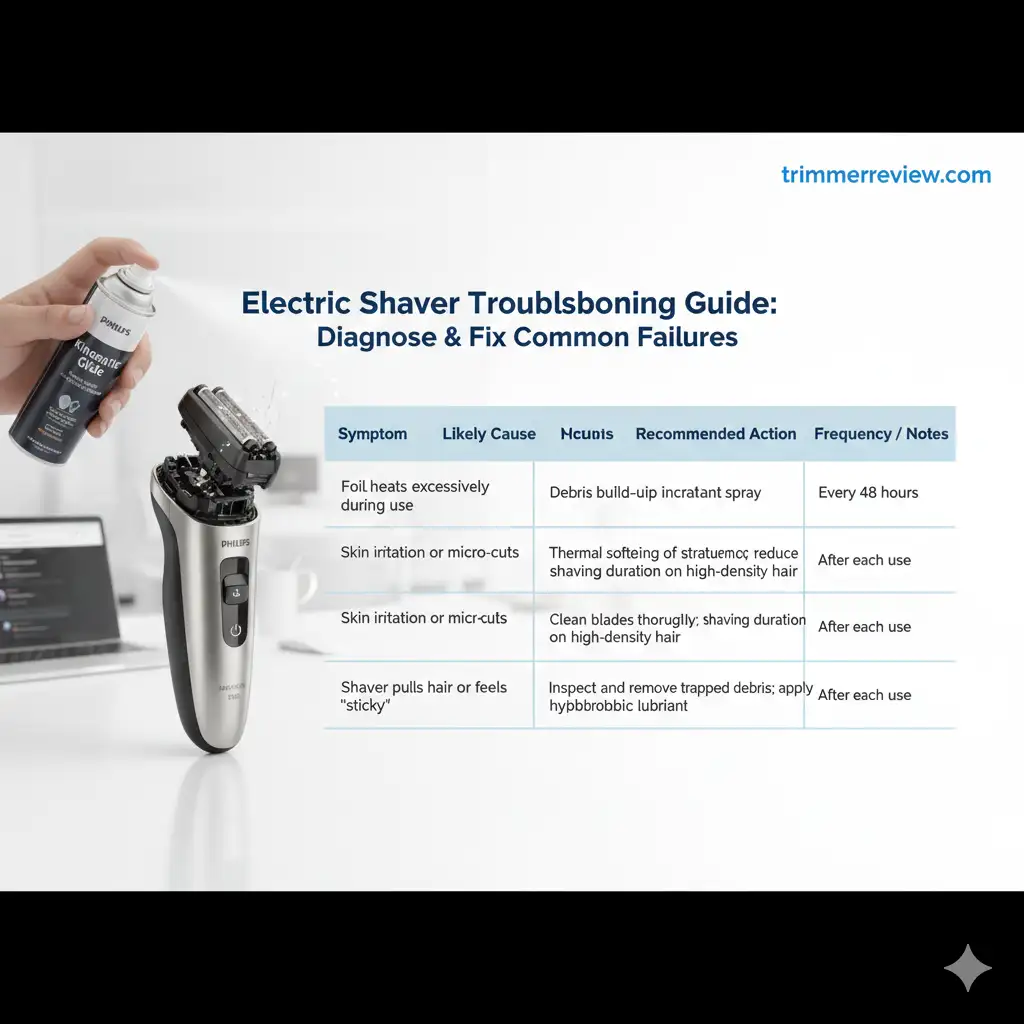 Troubleshooting chart for preventing electric shaver mechanical failure including lubrication and cleaning steps.