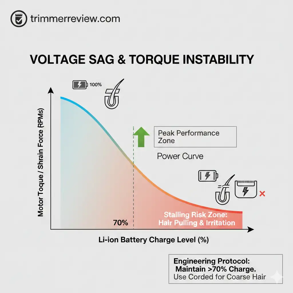Chart showing electric shaver torque instability and voltage sag relative to battery charge levels.