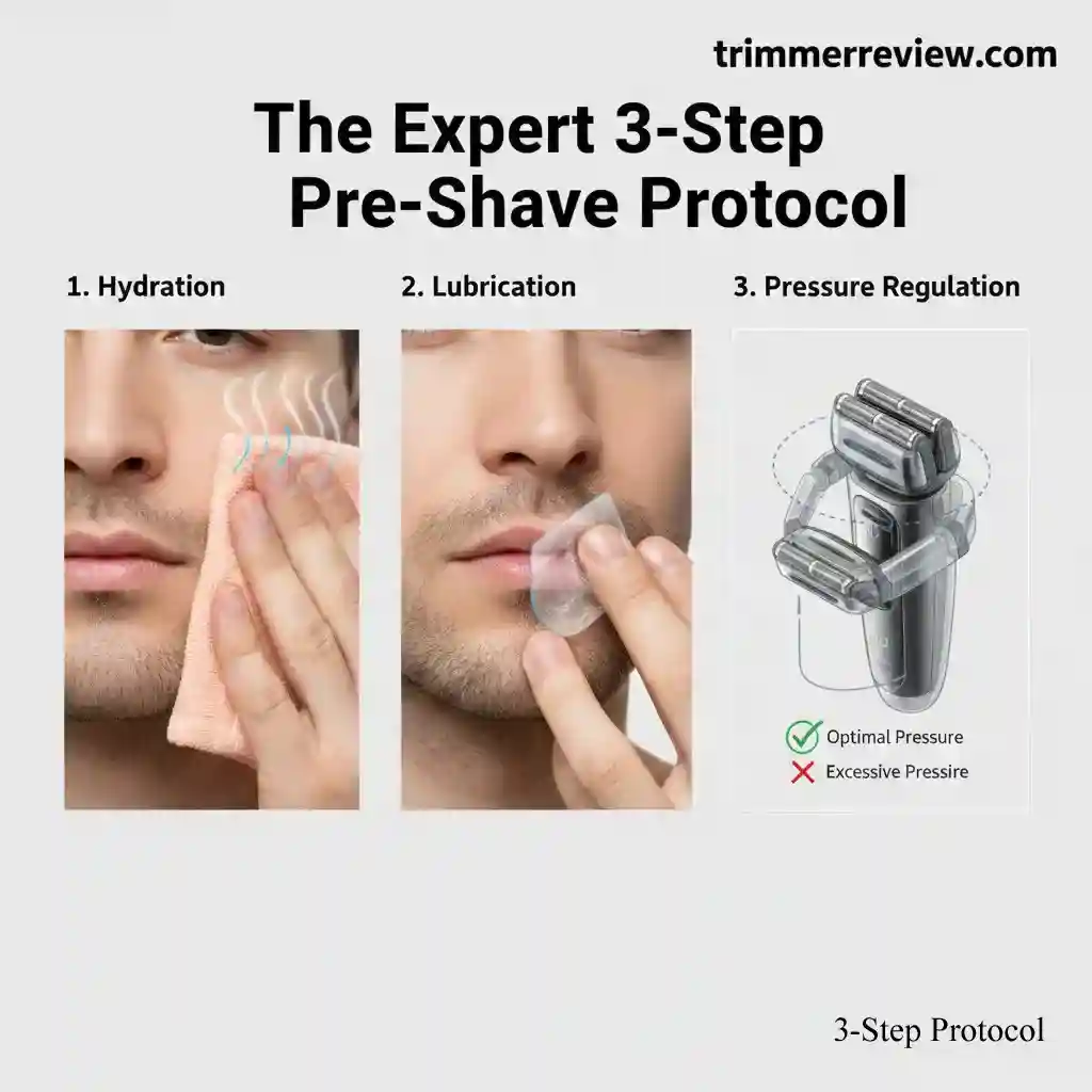 Expert 3-step pre-shave protocol: Hydration, lubrication, and optimal pressure regulation for electric shaving.