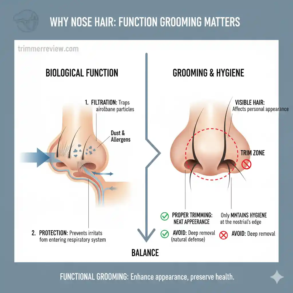 Infographic comparing the biological function of nose hair filtration with proper grooming techniques, showing the designated 'trim zone' at the edge of the nostril.