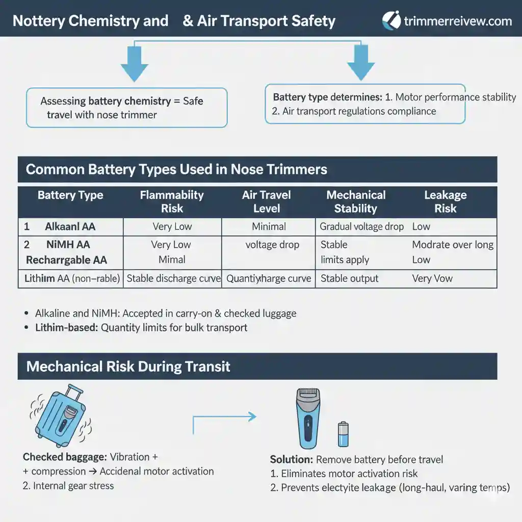 Infographic showing battery types for nose trimmers, air travel safety regulations, and mechanical risks during transit.