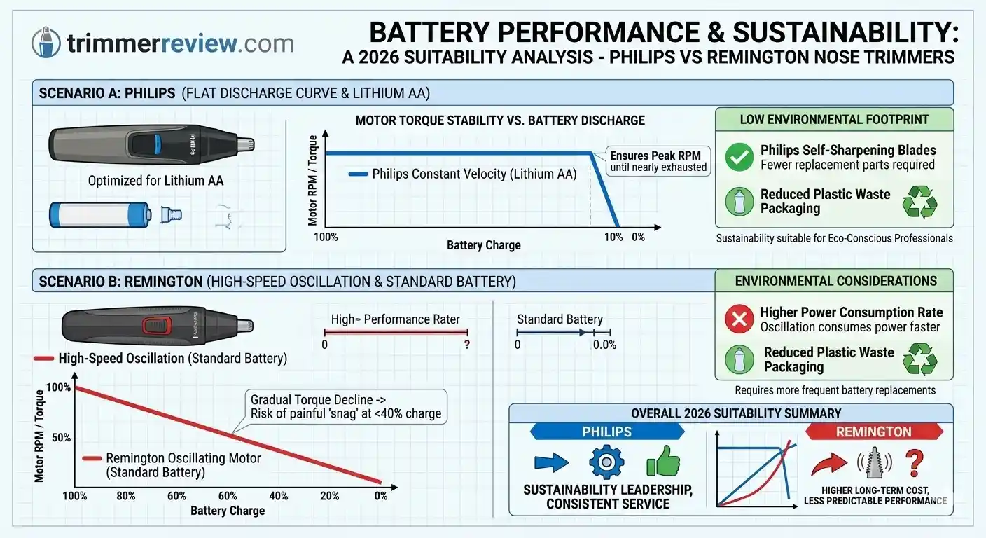 Technical diagram comparing Philips Lithium AA battery performance curve versus Remington high-speed power consumption and sustainability in 2026.