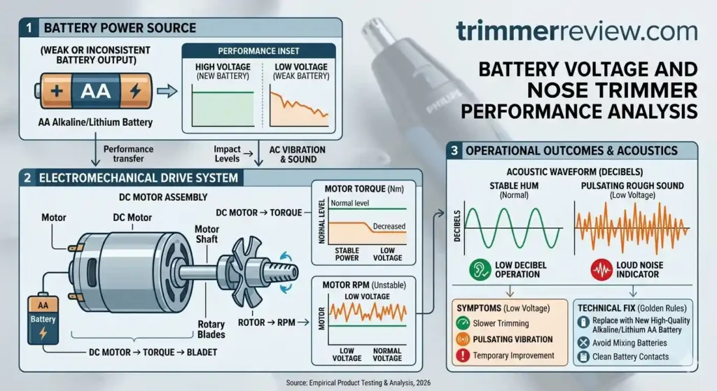 Technical chart showing the relationship between battery voltage, motor torque, and acoustic vibration in electric trimmers.