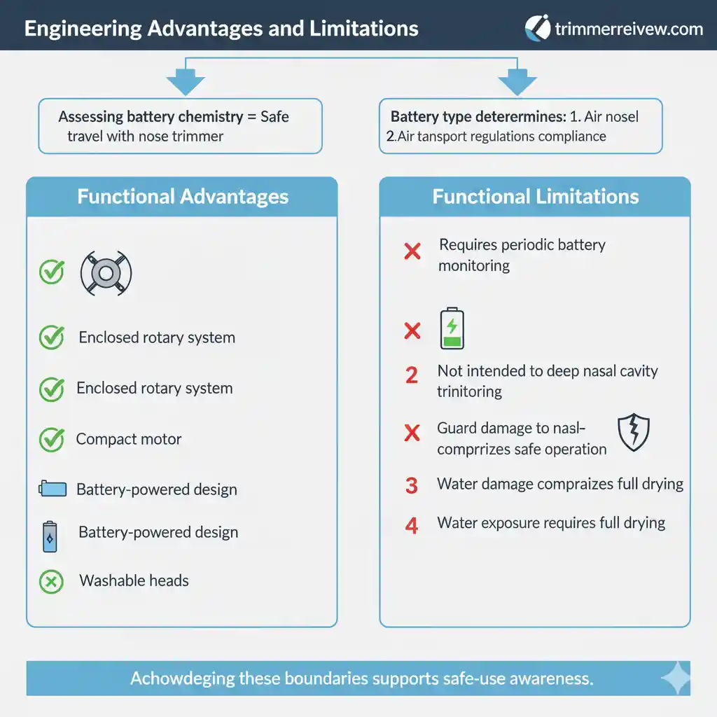 Infographic comparing the functional advantages and limitations of nose trimmers, including maintenance tips.