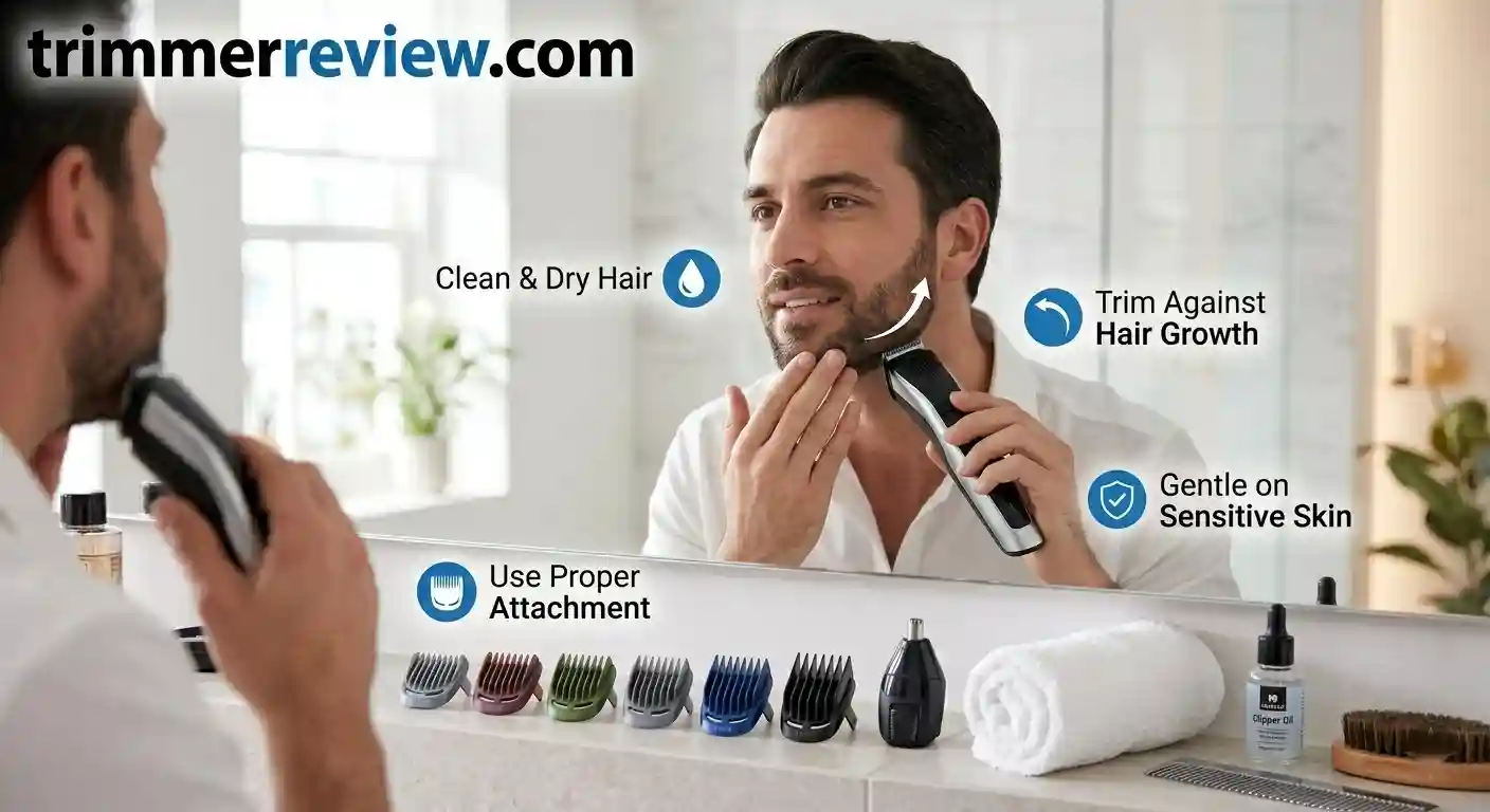 Person using an electric trimmer correctly with grooming attachments and maintenance tools during safe trimming routine with trimmerreview.com logo.